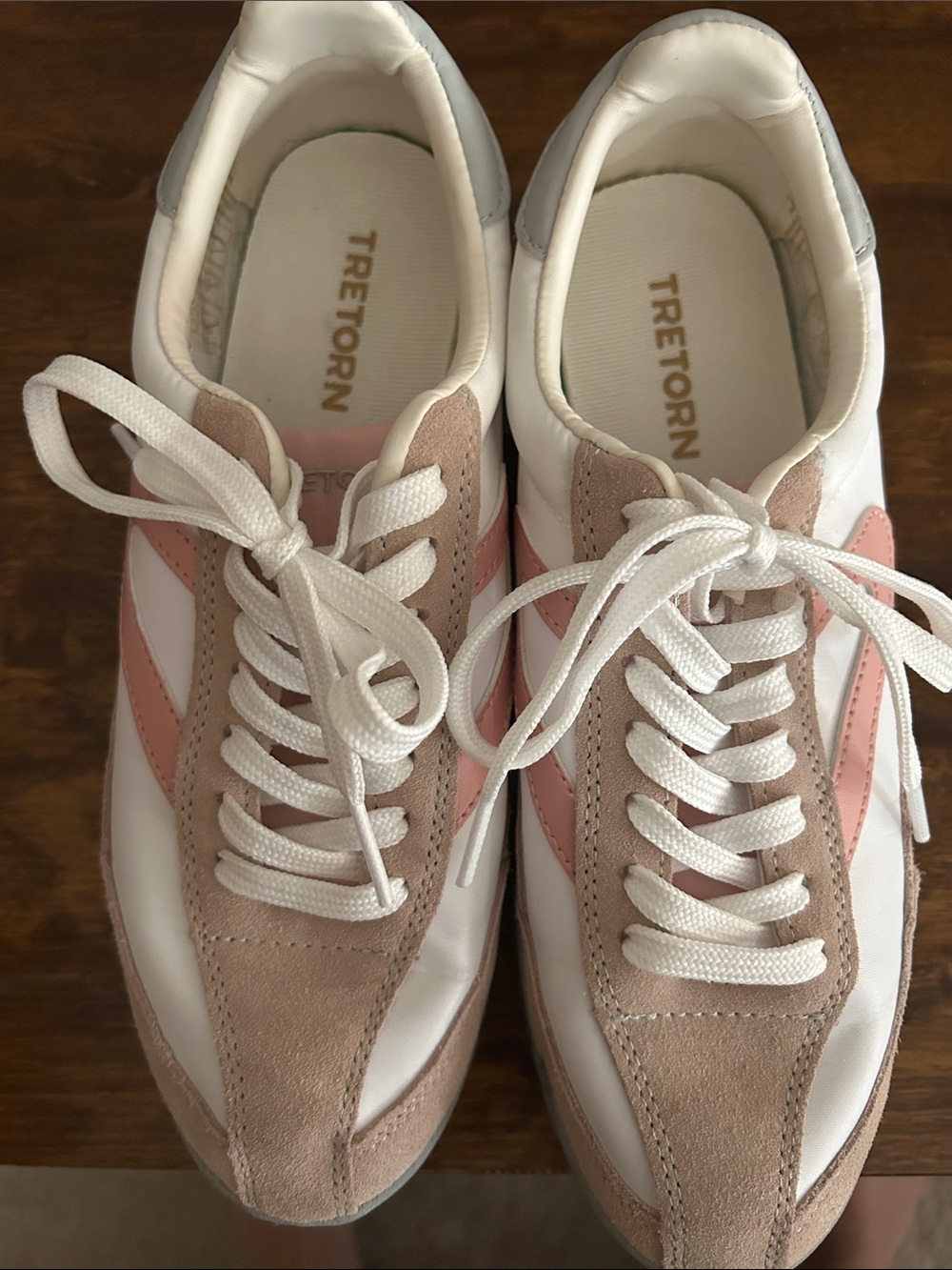 Tretorn White Sneakers with Pink Stripes and Beige Suede